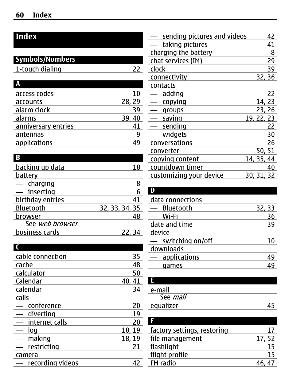 Index | Nokia C3-01 User Manual | Page 60 / 62