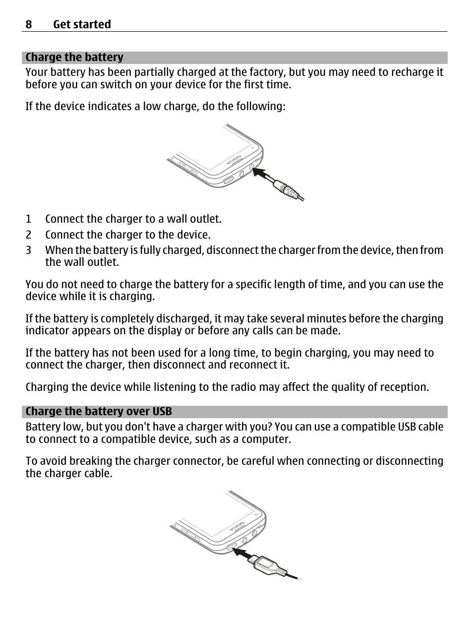 Charge the battery, Charge the battery over usb | Nokia C3-01 User Manual | Page 8 / 62