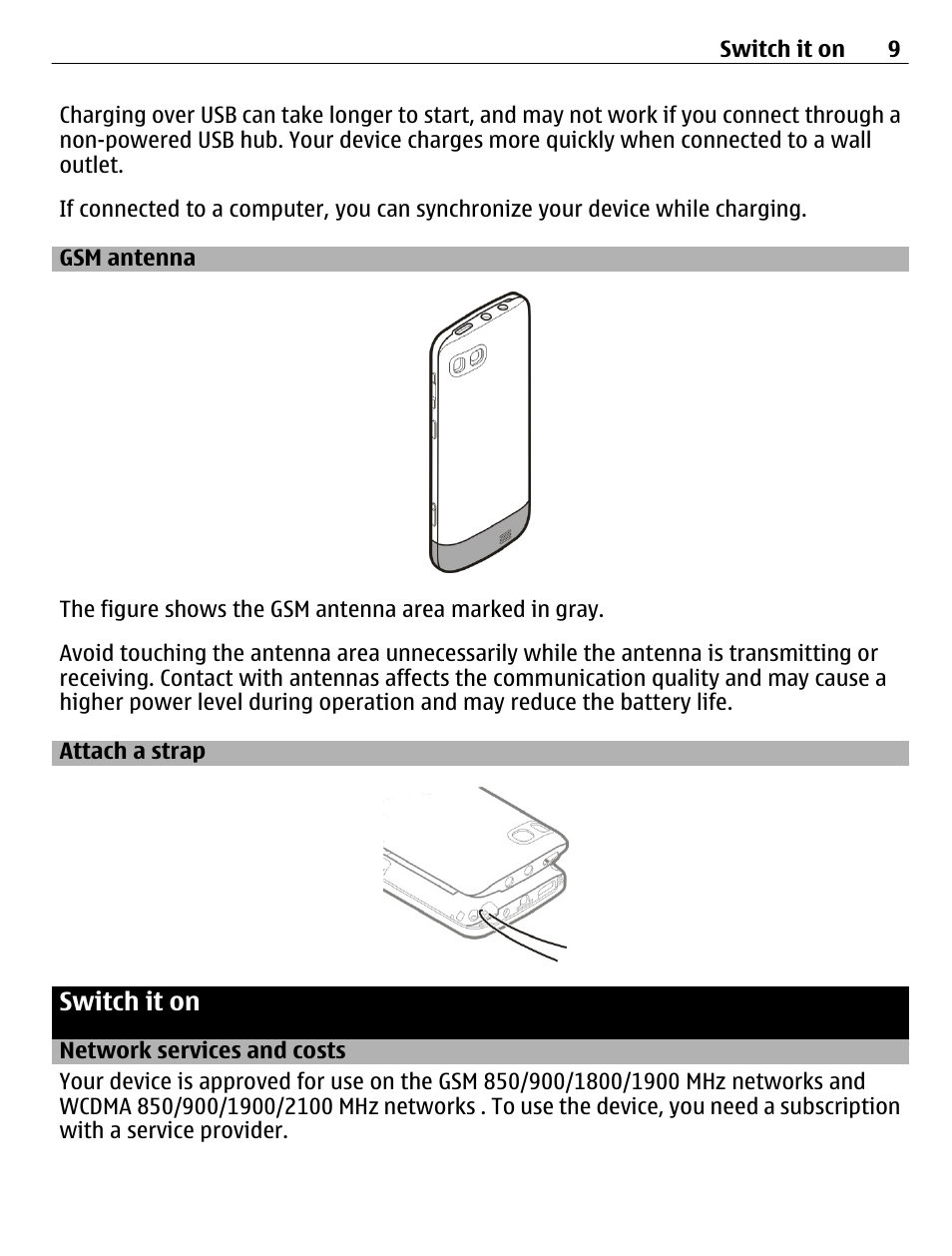 Gsm antenna, Attach a strap, Switch it on | Network services and costs | Nokia C3-01 User Manual | Page 9 / 62