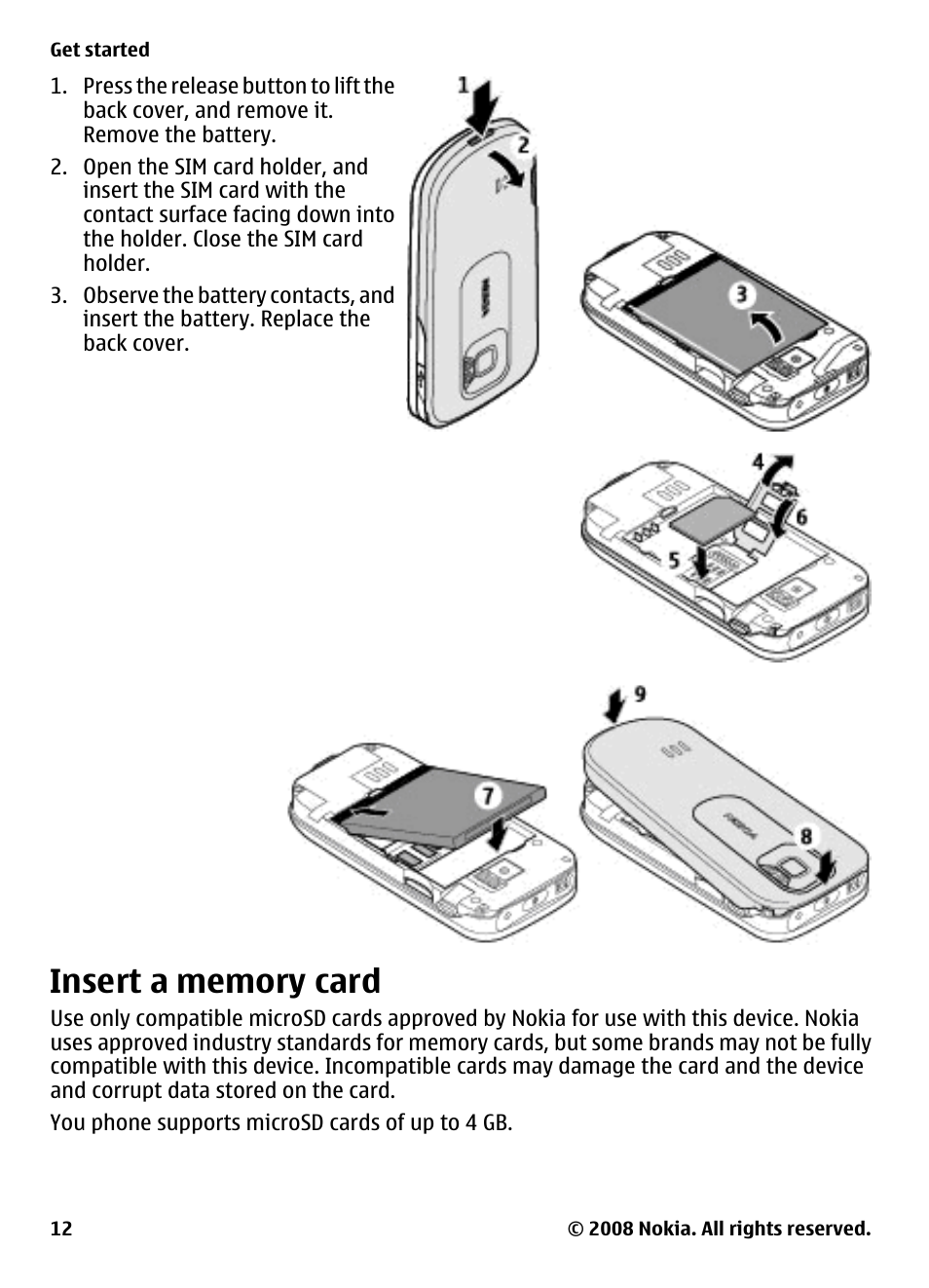 Insert a memory card | Nokia 3600 Slide User Manual | Page 12 / 58
