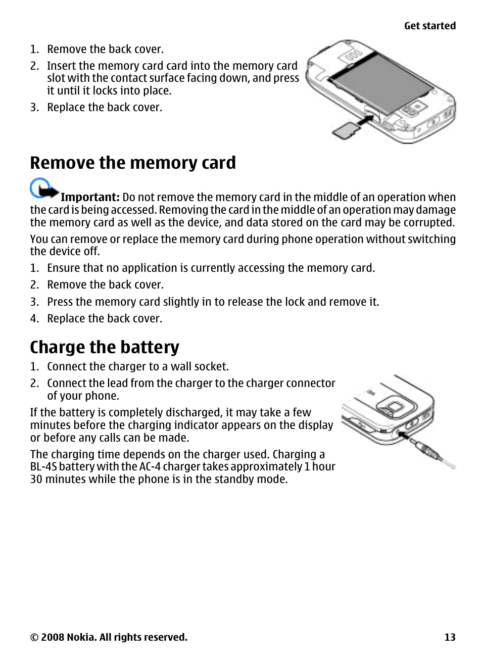 Remove the memory card, Charge the battery | Nokia 3600 Slide User Manual | Page 13 / 58