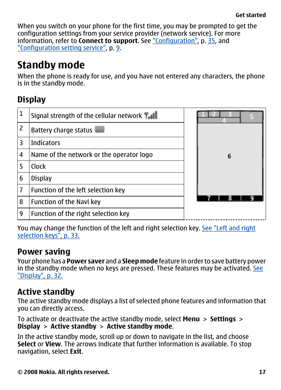 Standby mode, Display, Power saving | Active standby | Nokia 3600 Slide User Manual | Page 17 / 58
