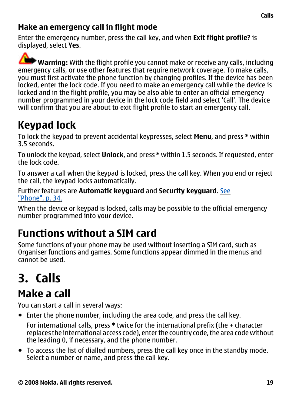 Keypad lock, Functions without a sim card, Calls | Make a call | Nokia 3600 Slide User Manual | Page 19 / 58