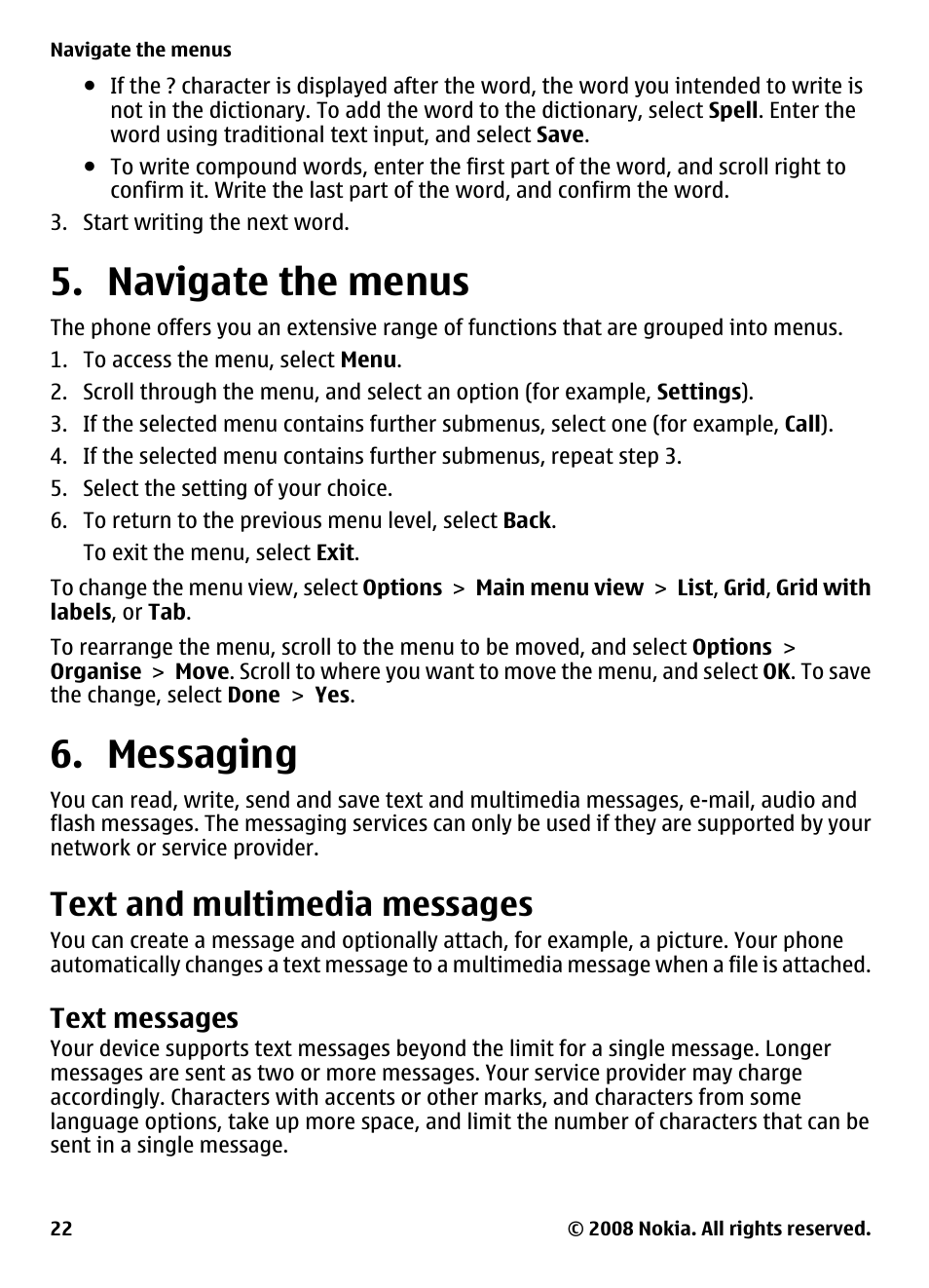 Navigate the menus, Messaging, Text and multimedia messages | Text messages, Navigate the menus 6. messaging | Nokia 3600 Slide User Manual | Page 22 / 58