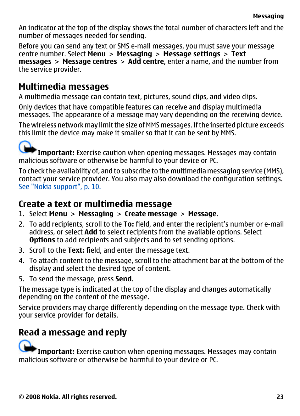 Multimedia messages, Create a text or multimedia message, Read a message and reply | Create a text or multimedia, Message | Nokia 3600 Slide User Manual | Page 23 / 58