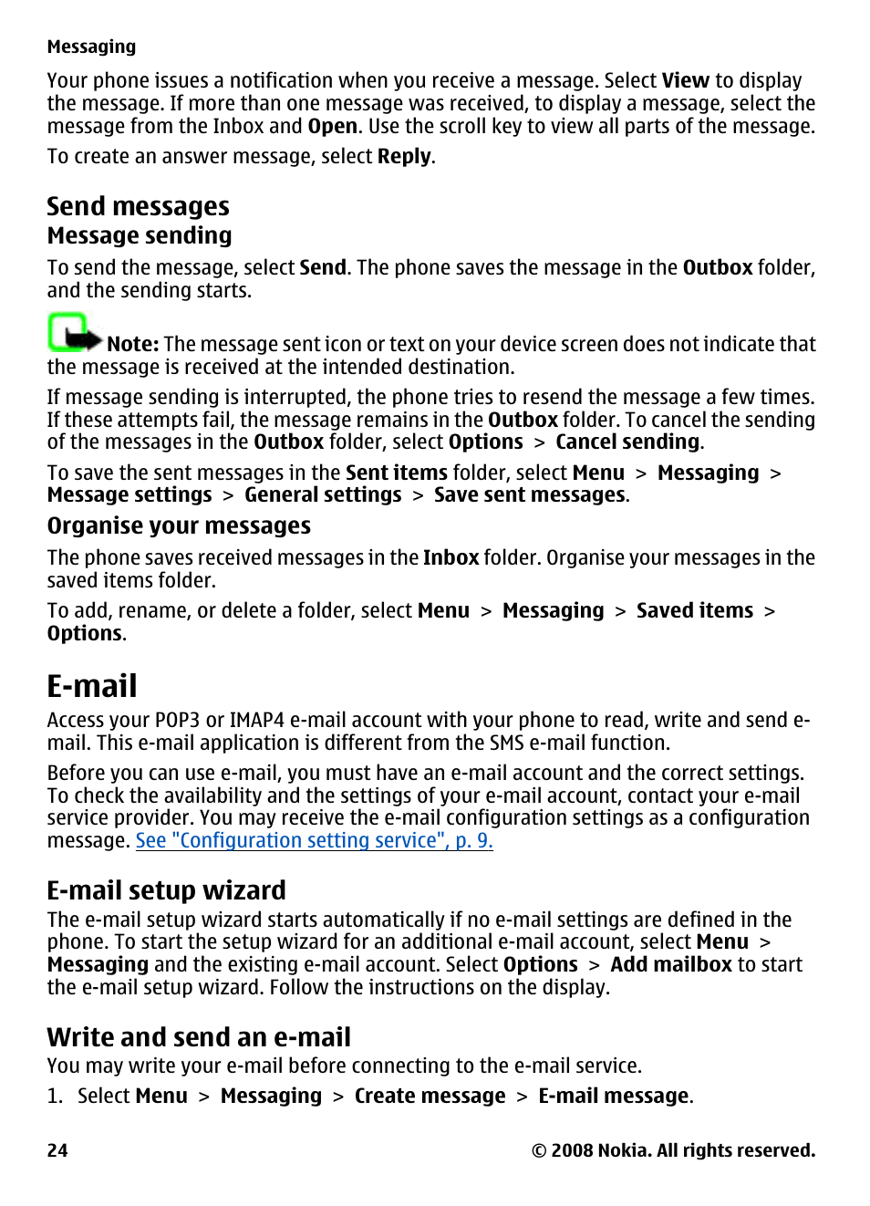 Send messages, E-mail, E-mail setup wizard | Write and send an e-mail | Nokia 3600 Slide User Manual | Page 24 / 58