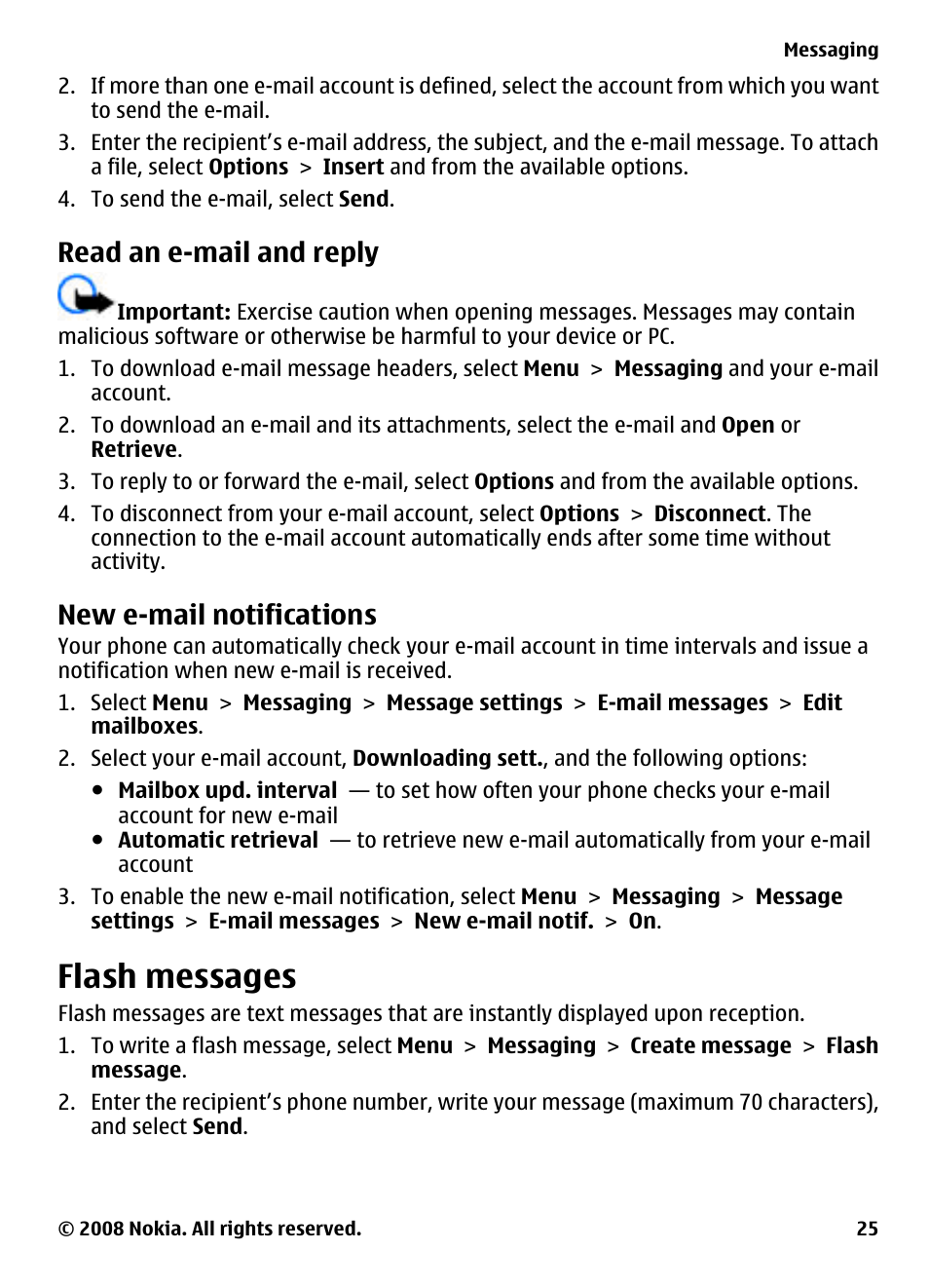 Read an e-mail and reply, New e-mail notifications, Flash messages | Nokia 3600 Slide User Manual | Page 25 / 58