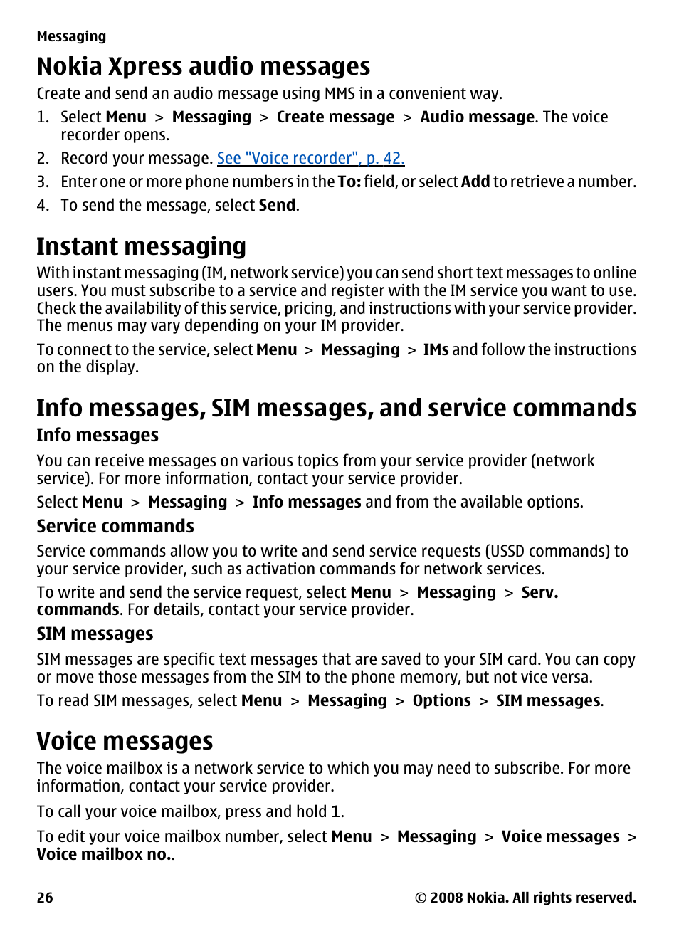 Nokia xpress audio messages, Instant messaging, Info messages, sim messages, and service commands | Voice messages, Info messages, sim messages, and, Service commands | Nokia 3600 Slide User Manual | Page 26 / 58