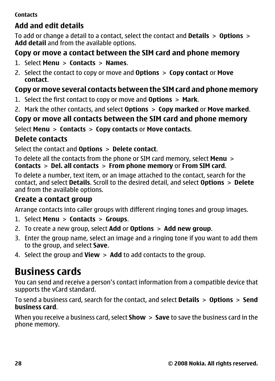 Business cards | Nokia 3600 Slide User Manual | Page 28 / 58