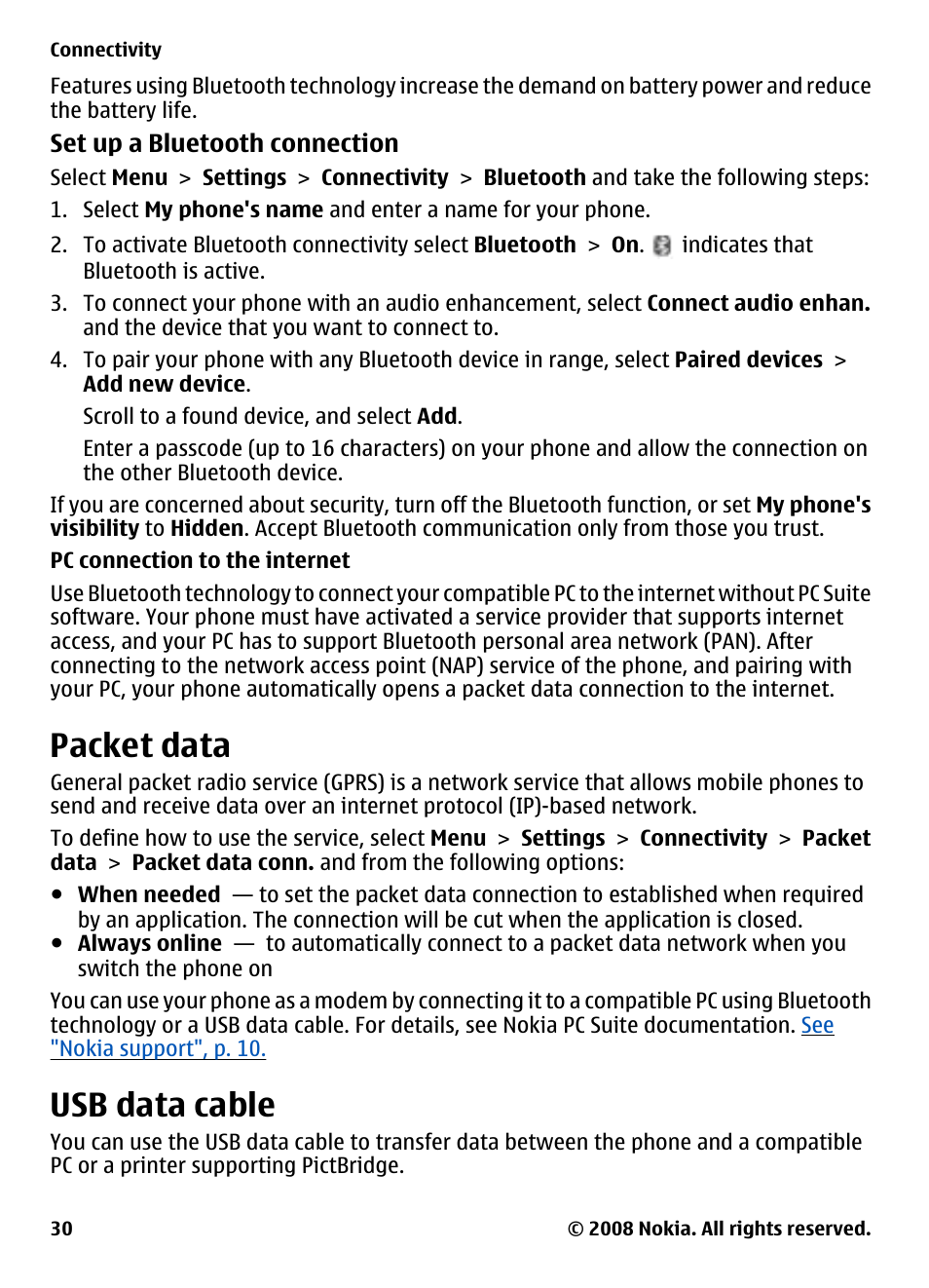 Packet data, Usb data cable | Nokia 3600 Slide User Manual | Page 30 / 58