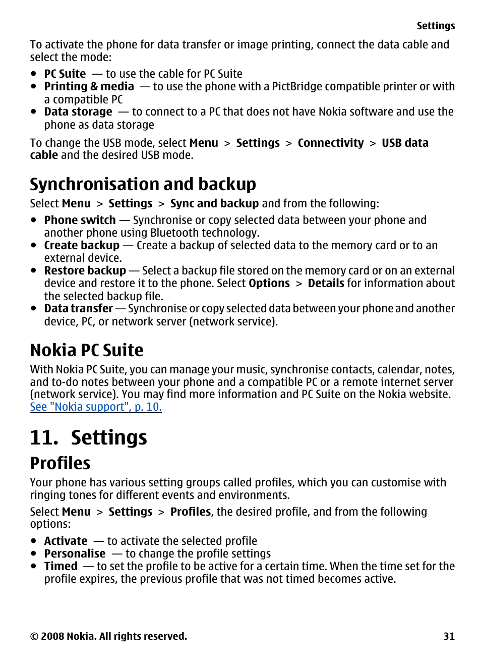Synchronisation and backup, Nokia pc suite, Settings | Profiles | Nokia 3600 Slide User Manual | Page 31 / 58
