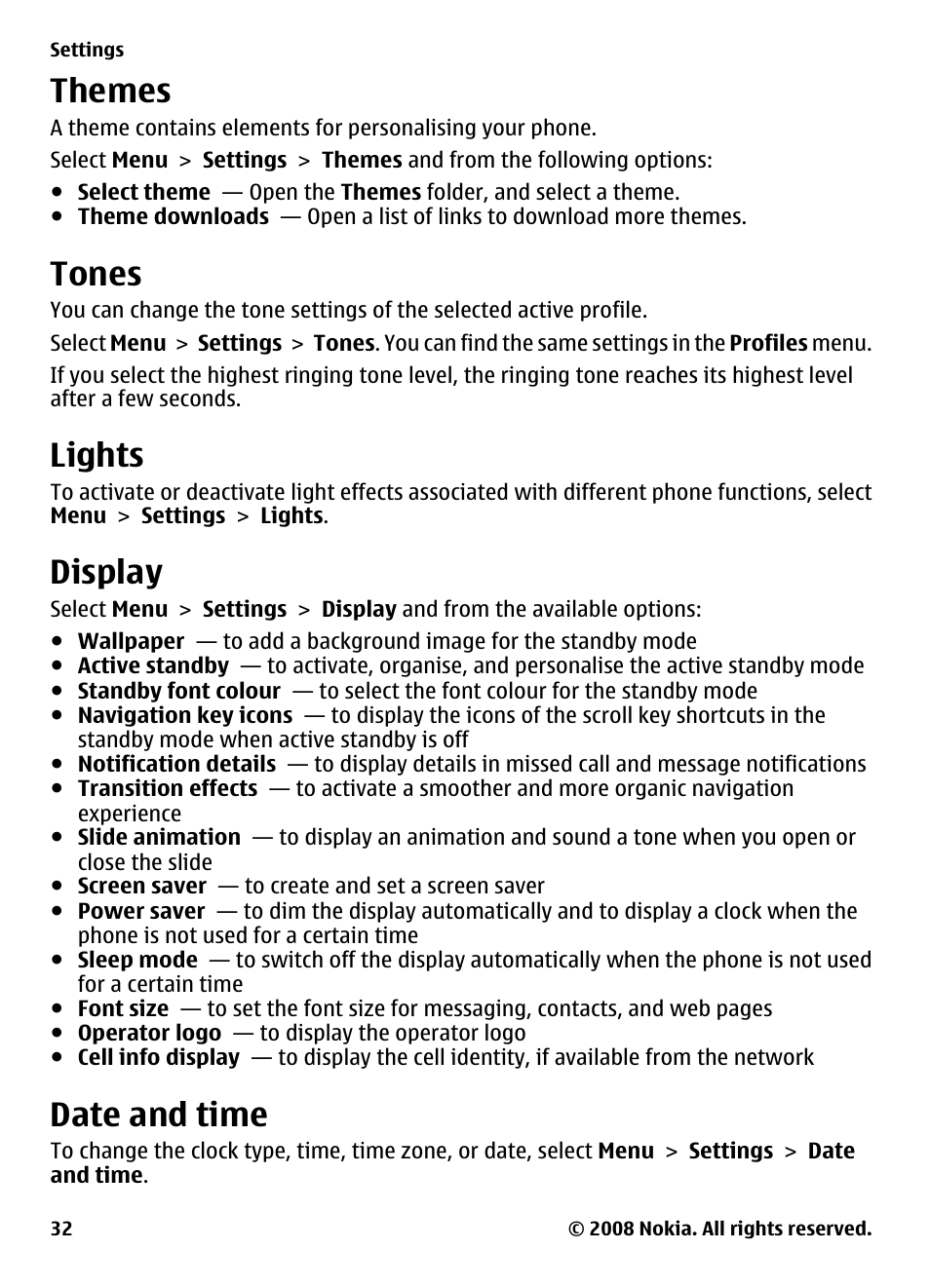 Themes, Tones, Lights | Display, Date and time, Activated, Display", p. 32 | Nokia 3600 Slide User Manual | Page 32 / 58