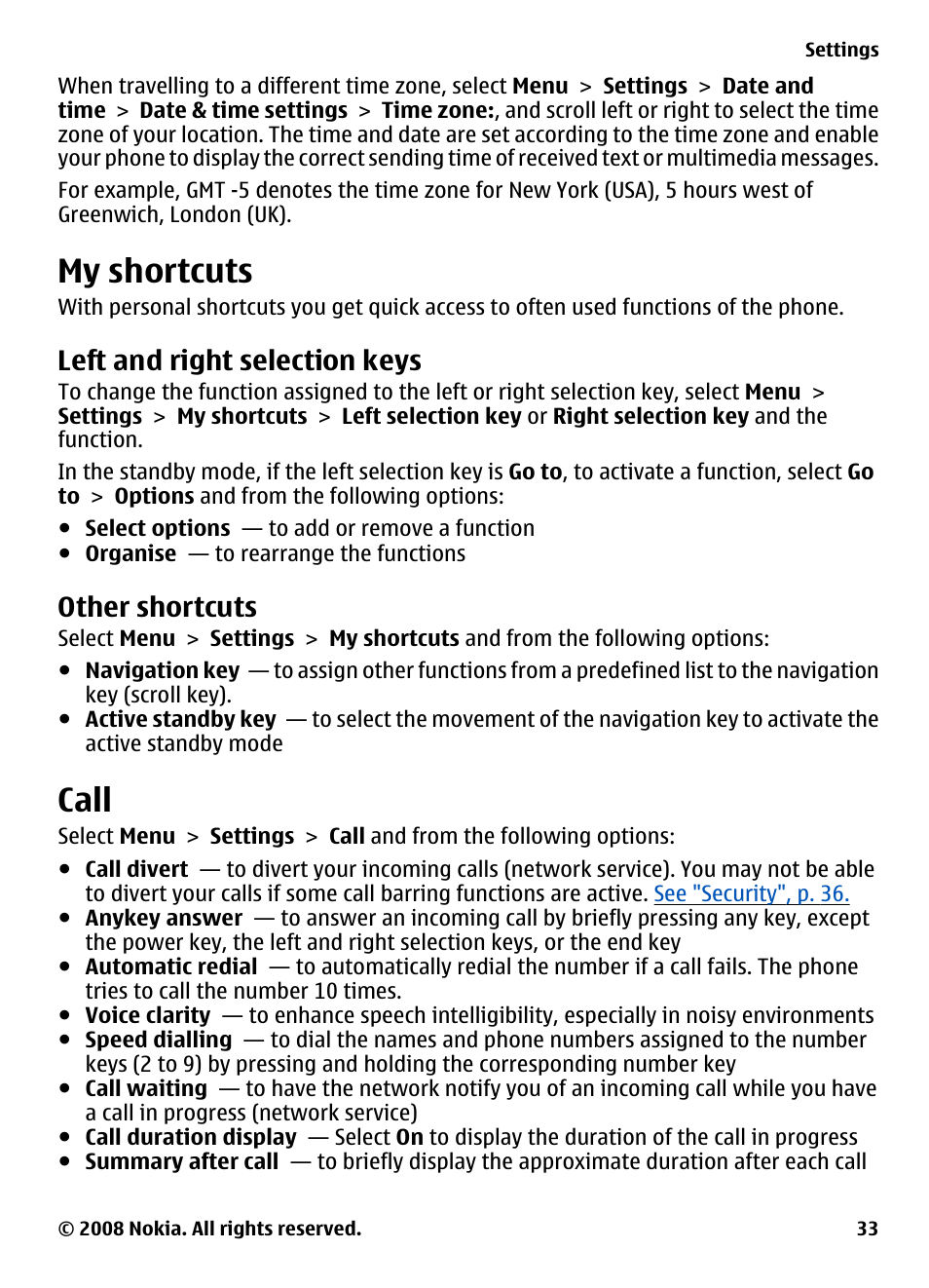 My shortcuts, Left and right selection keys, Other shortcuts | Call, See "left and right, Selection keys", p. 33 | Nokia 3600 Slide User Manual | Page 33 / 58
