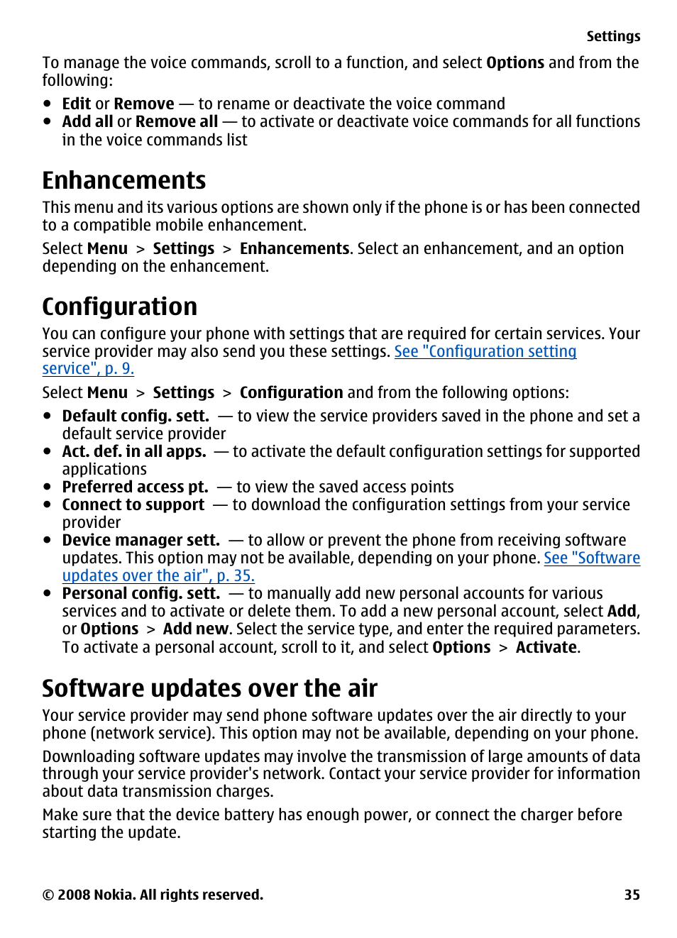 Enhancements, Configuration, Software updates over the air | See "software updates over the air", p. 35, See "software, Updates over the air", p. 35 | Nokia 3600 Slide User Manual | Page 35 / 58