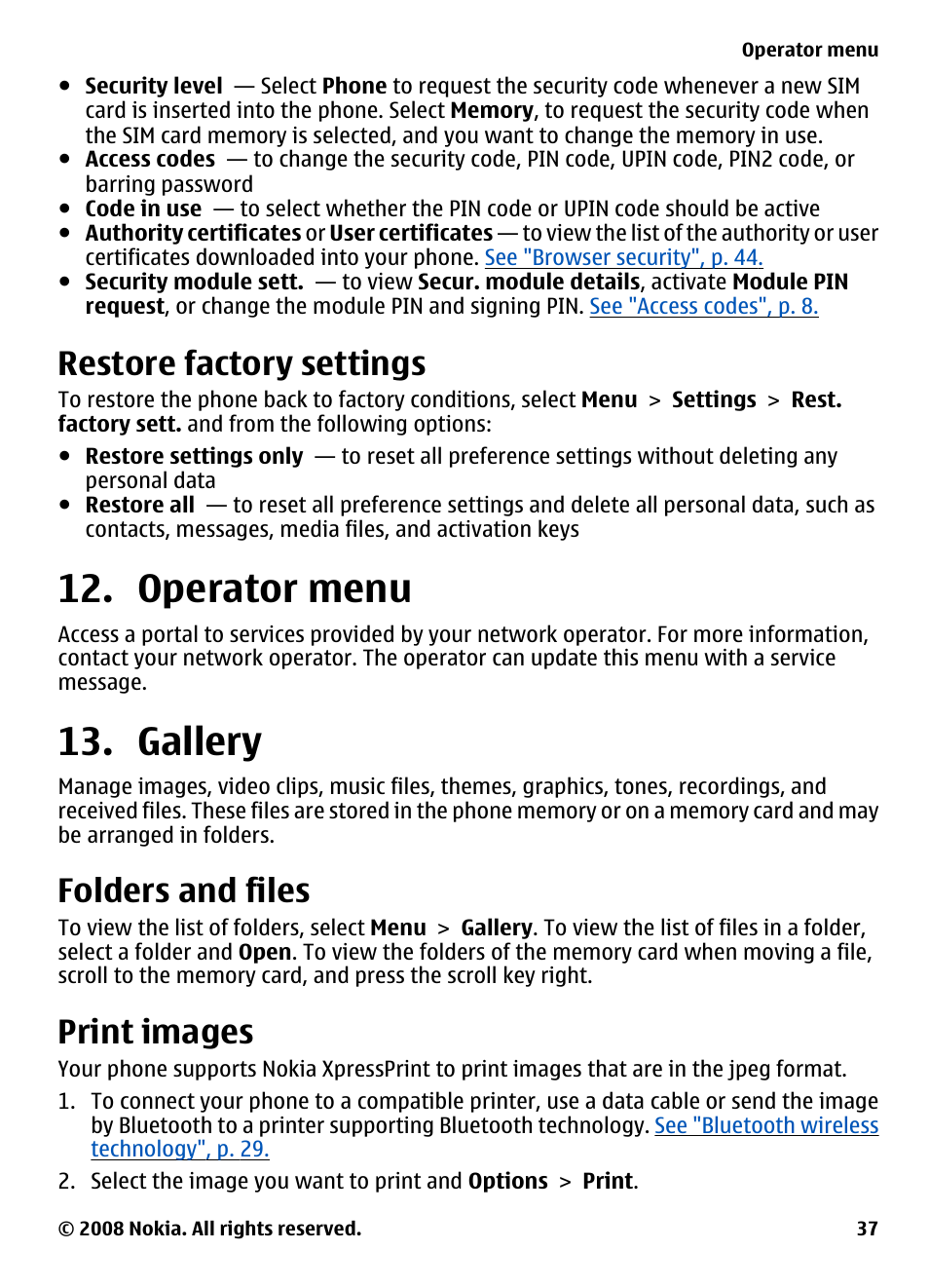 Restore factory settings, Operator menu, Gallery | Folders and files, Print images, Operator menu 13. gallery, See "restore factory settings", p. 37 | Nokia 3600 Slide User Manual | Page 37 / 58