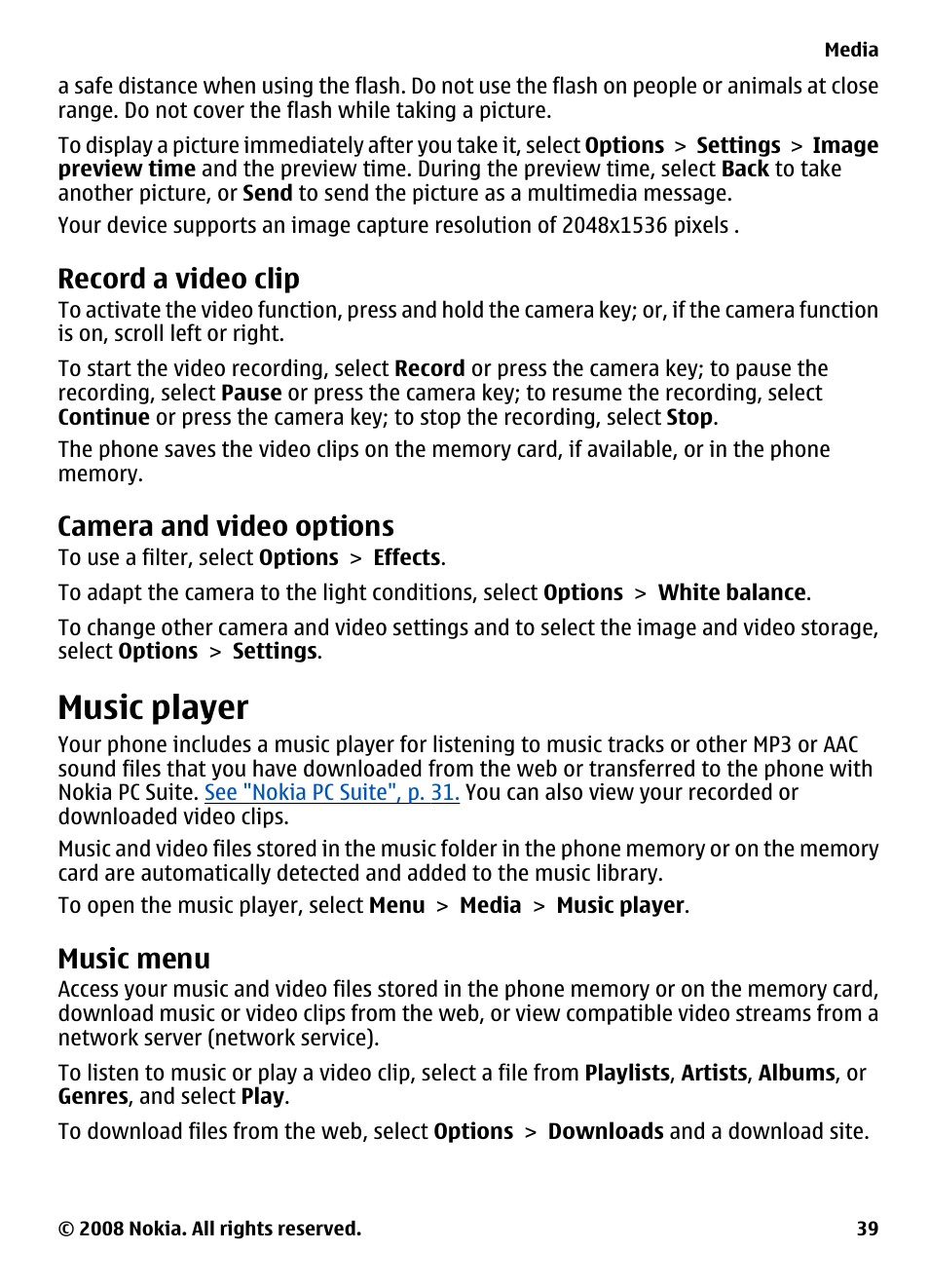 Record a video clip, Camera and video options, Music player | Music menu | Nokia 3600 Slide User Manual | Page 39 / 58