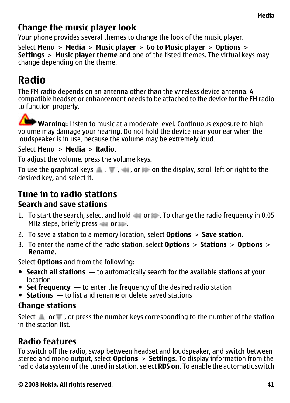 Change the music player look, Radio, Tune in to radio stations | Radio features | Nokia 3600 Slide User Manual | Page 41 / 58