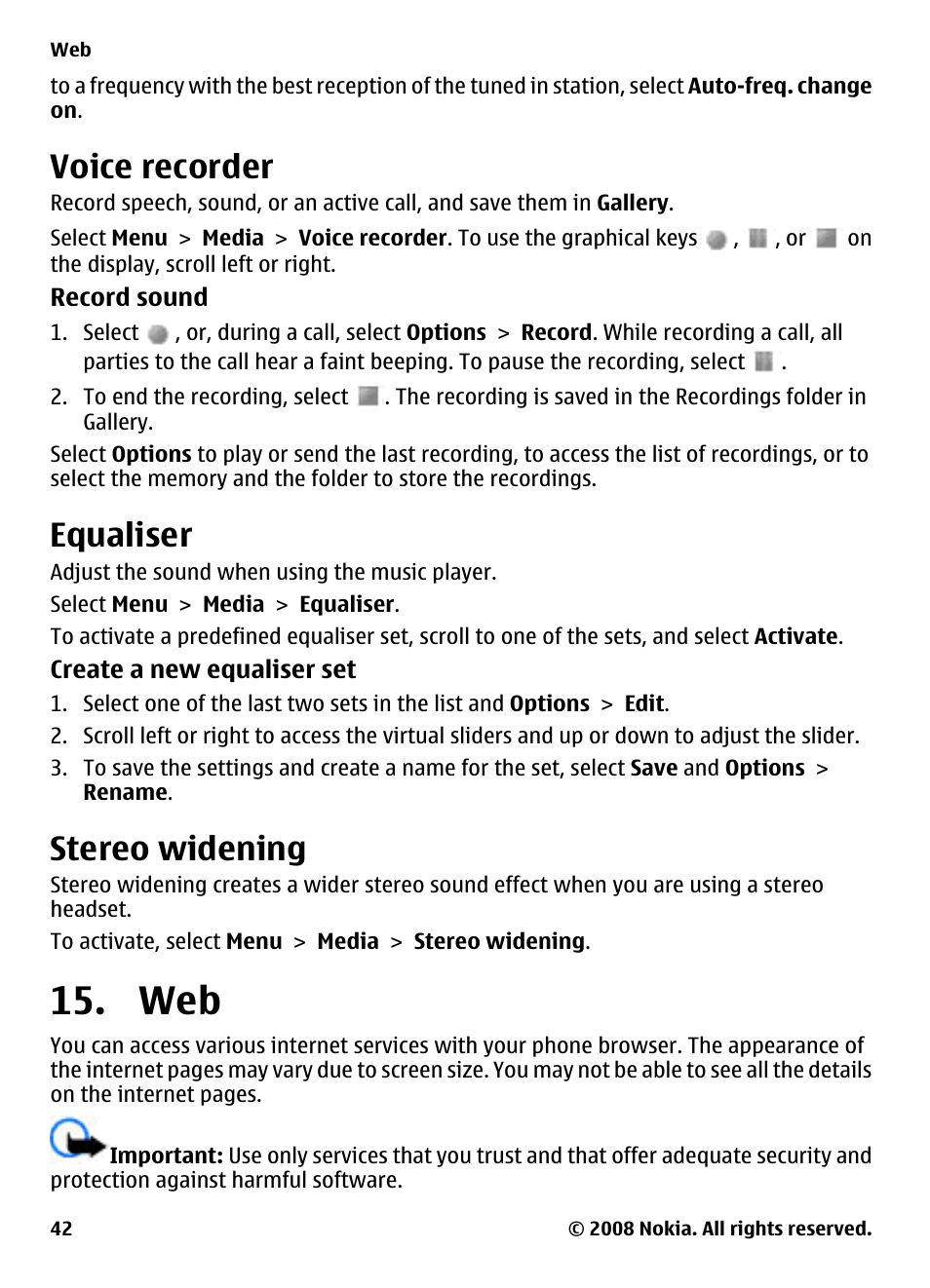 Voice recorder, Equaliser, Stereo widening | Nokia 3600 Slide User Manual | Page 42 / 58