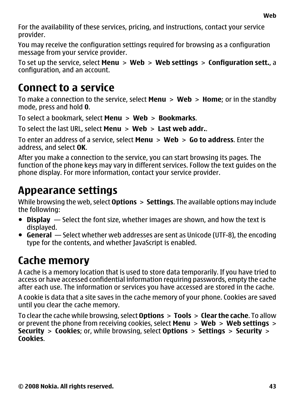 Connect to a service, Appearance settings, Cache memory | Nokia 3600 Slide User Manual | Page 43 / 58