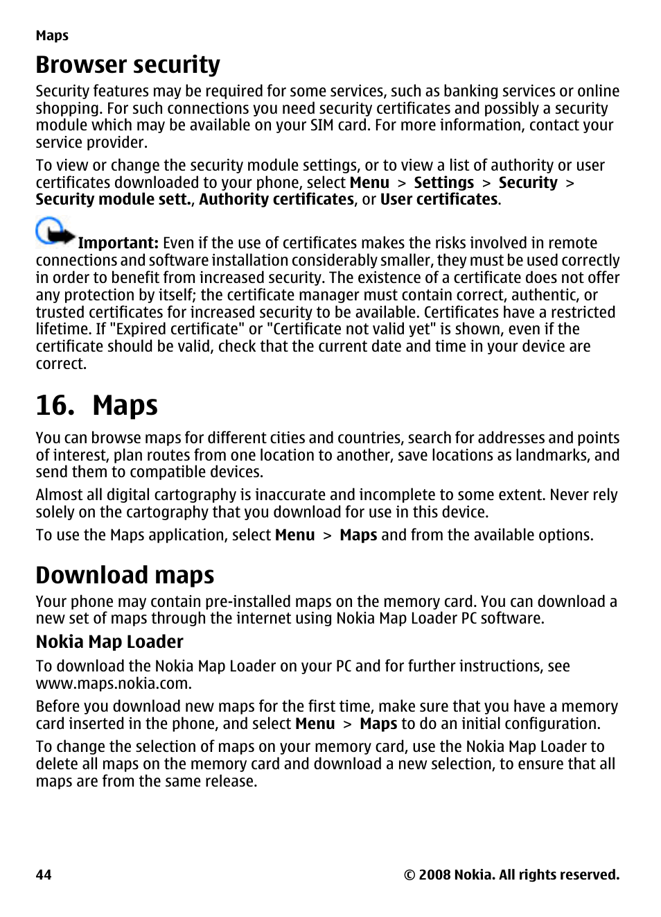 Browser security, Maps, Download maps | See "browser security", p. 44 | Nokia 3600 Slide User Manual | Page 44 / 58
