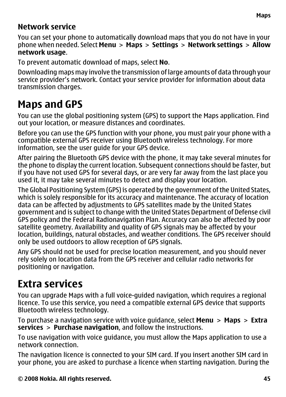 Maps and gps, Extra services | Nokia 3600 Slide User Manual | Page 45 / 58