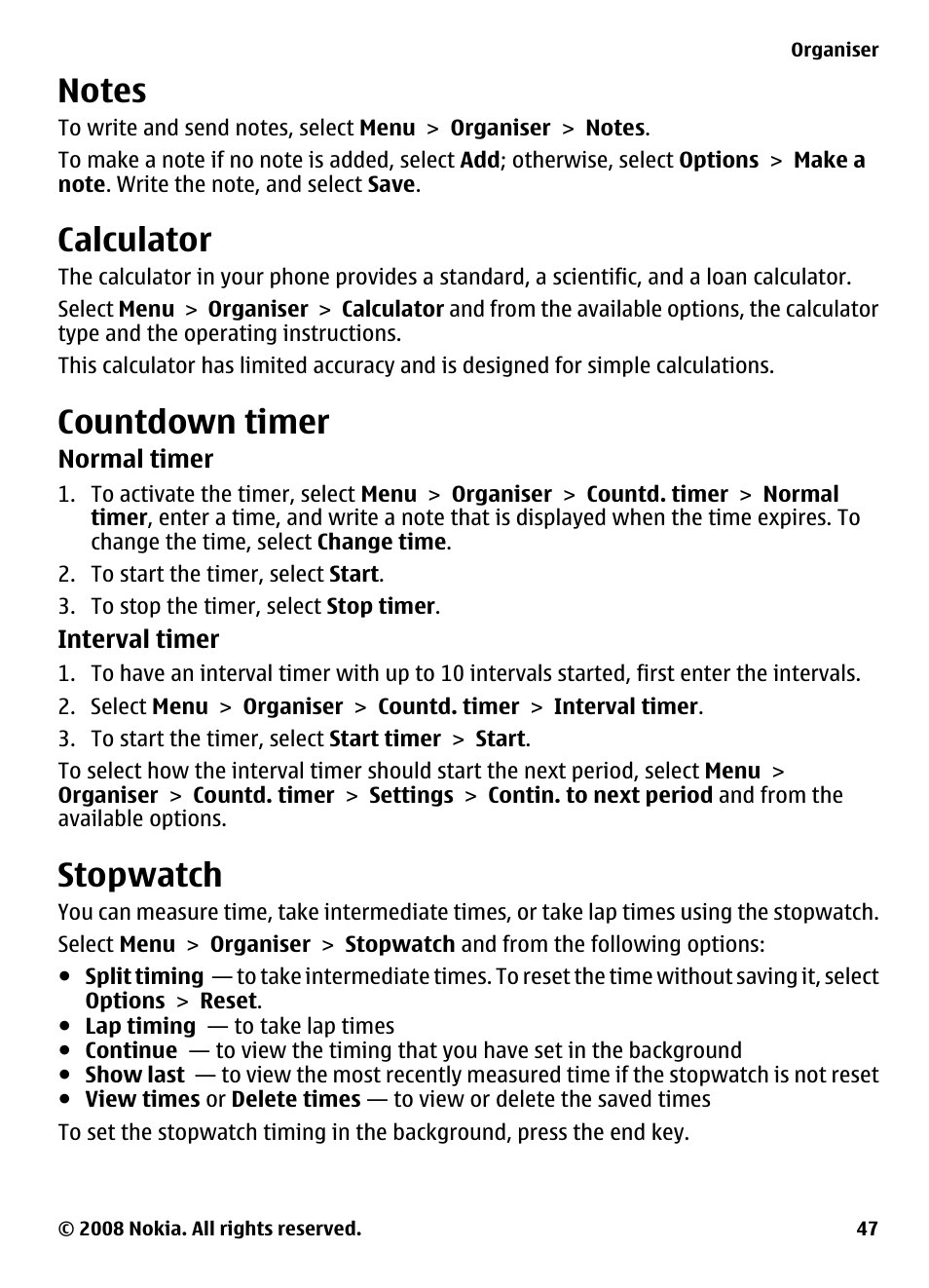 Notes, Calculator, Countdown timer | Stopwatch | Nokia 3600 Slide User Manual | Page 47 / 58