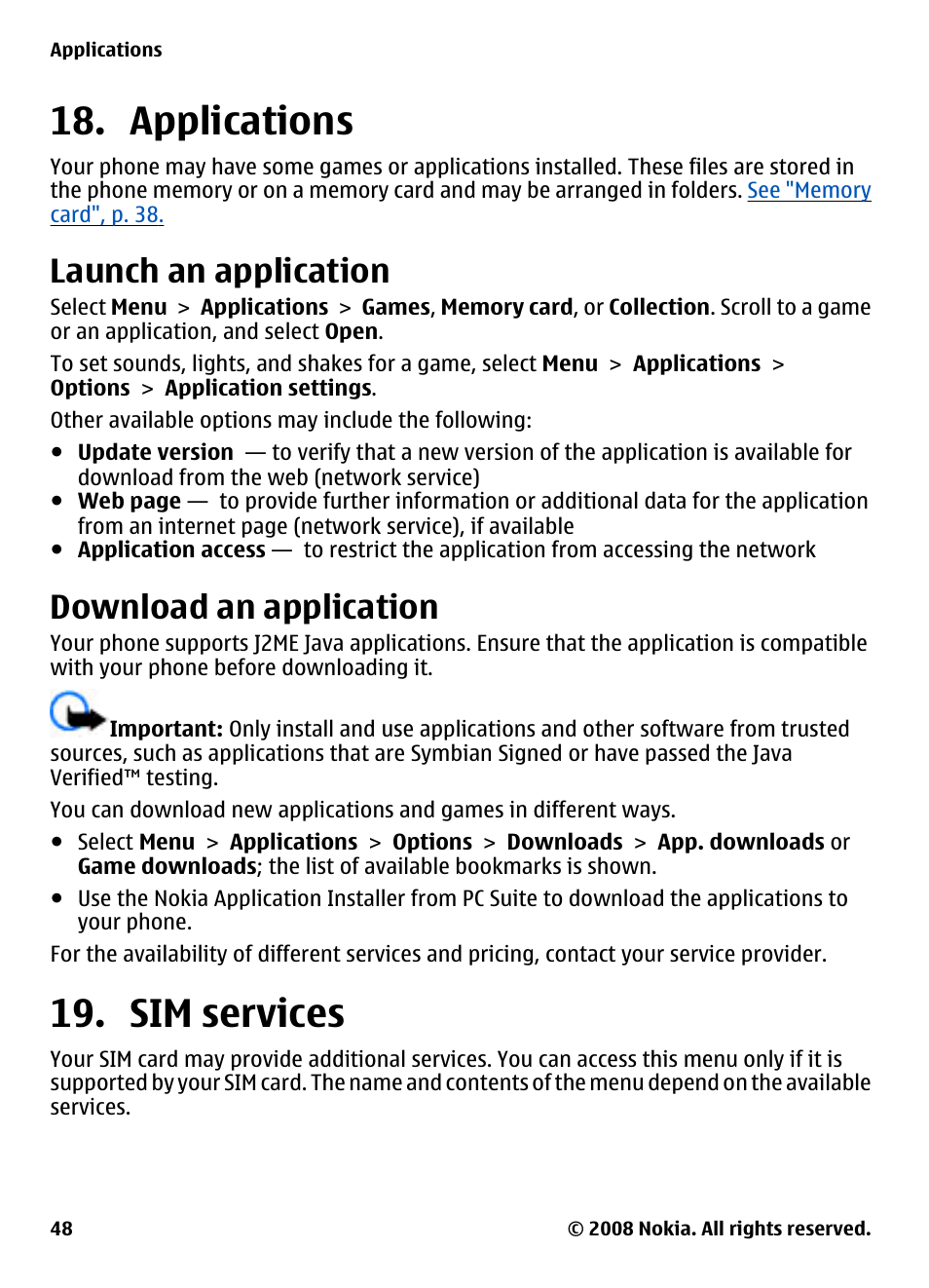 Applications, Launch an application, Download an application | Sim services, See "sim services", p. 48 | Nokia 3600 Slide User Manual | Page 48 / 58