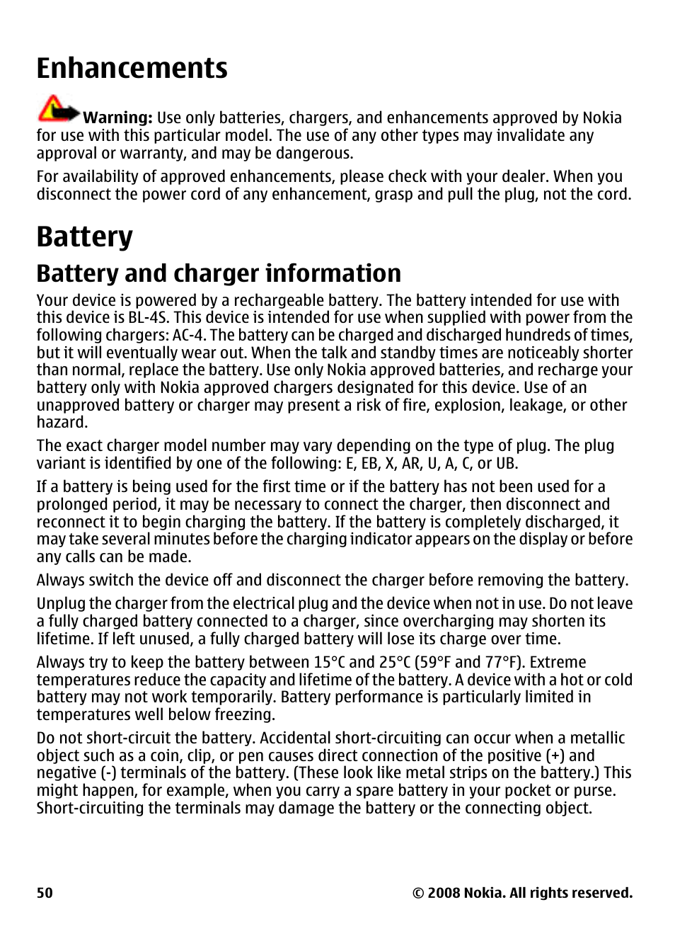 Enhancements, Battery, Battery and charger information | Enhancements battery | Nokia 3600 Slide User Manual | Page 50 / 58