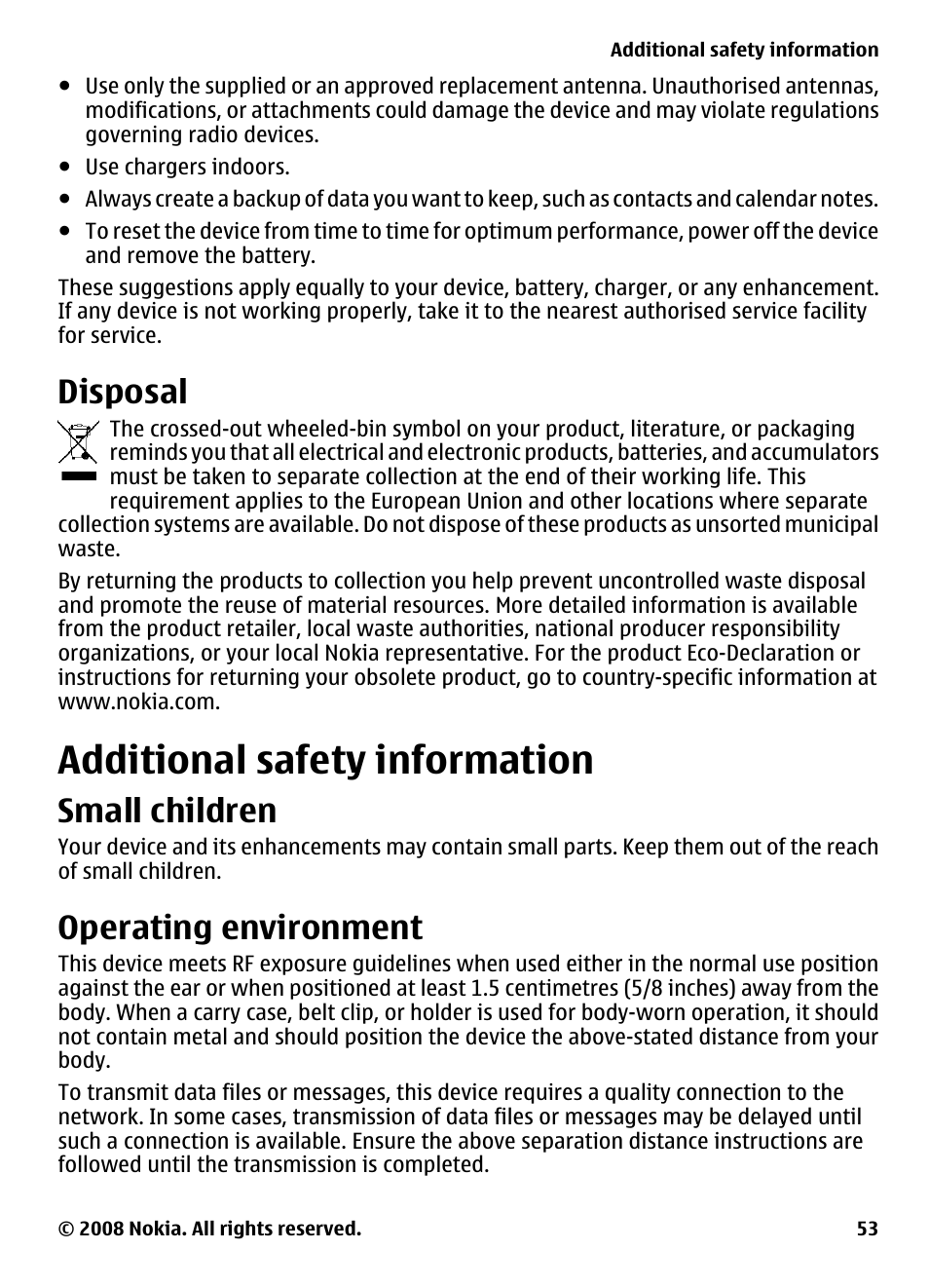 Disposal, Additional safety information, Small children | Operating environment, Additional safety, Information | Nokia 3600 Slide User Manual | Page 53 / 58
