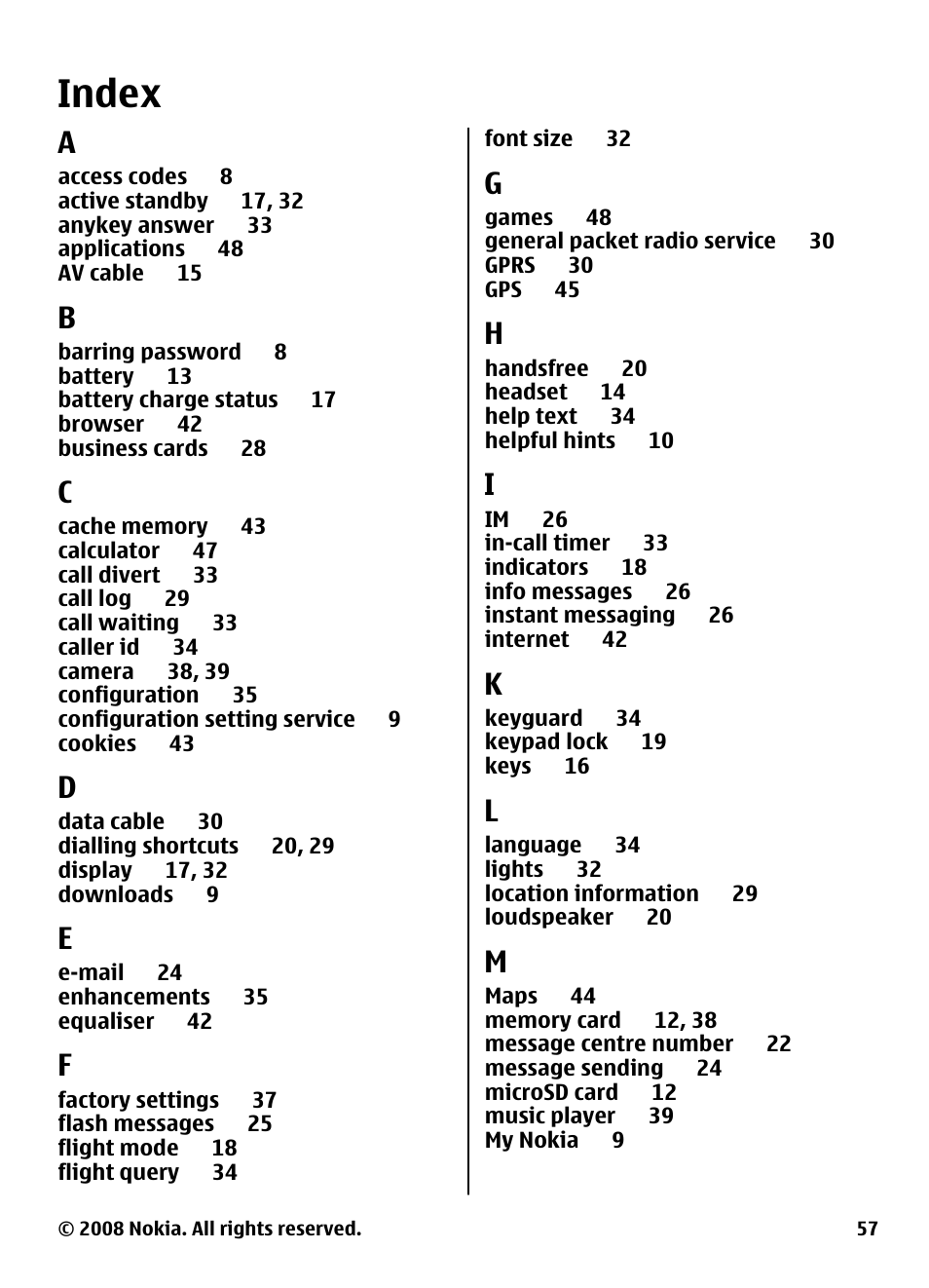 Index | Nokia 3600 Slide User Manual | Page 57 / 58