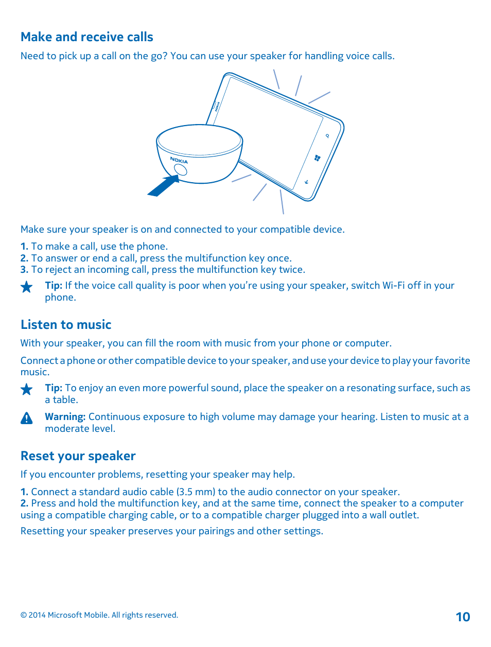 Make and receive calls, Listen to music, Reset your speaker | Nokia MD-12 User Manual | Page 10 / 13