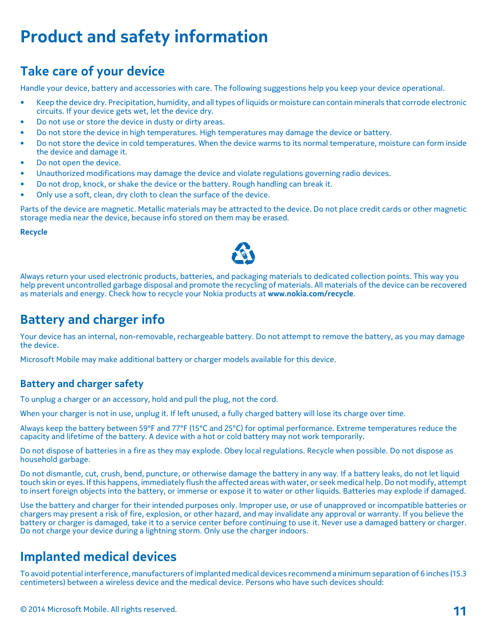 Product and safety information, Take care of your device, Battery and charger info | Battery and charger safety, Implanted medical devices | Nokia MD-12 User Manual | Page 11 / 13