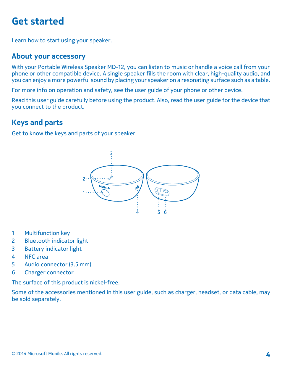 Get started, About your accessory, Keys and parts | Nokia MD-12 User Manual | Page 4 / 13