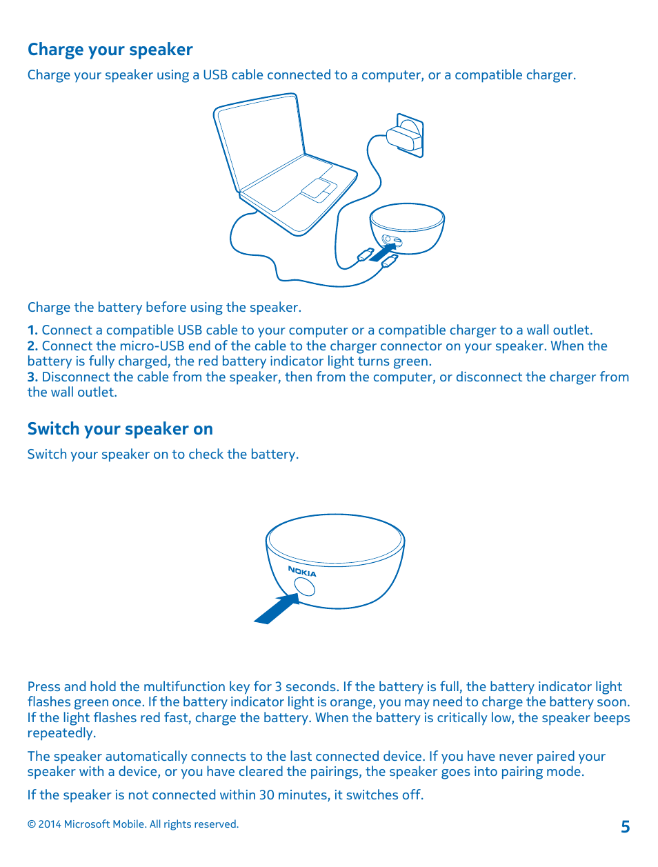 Charge your speaker, Switch your speaker on | Nokia MD-12 User Manual | Page 5 / 13