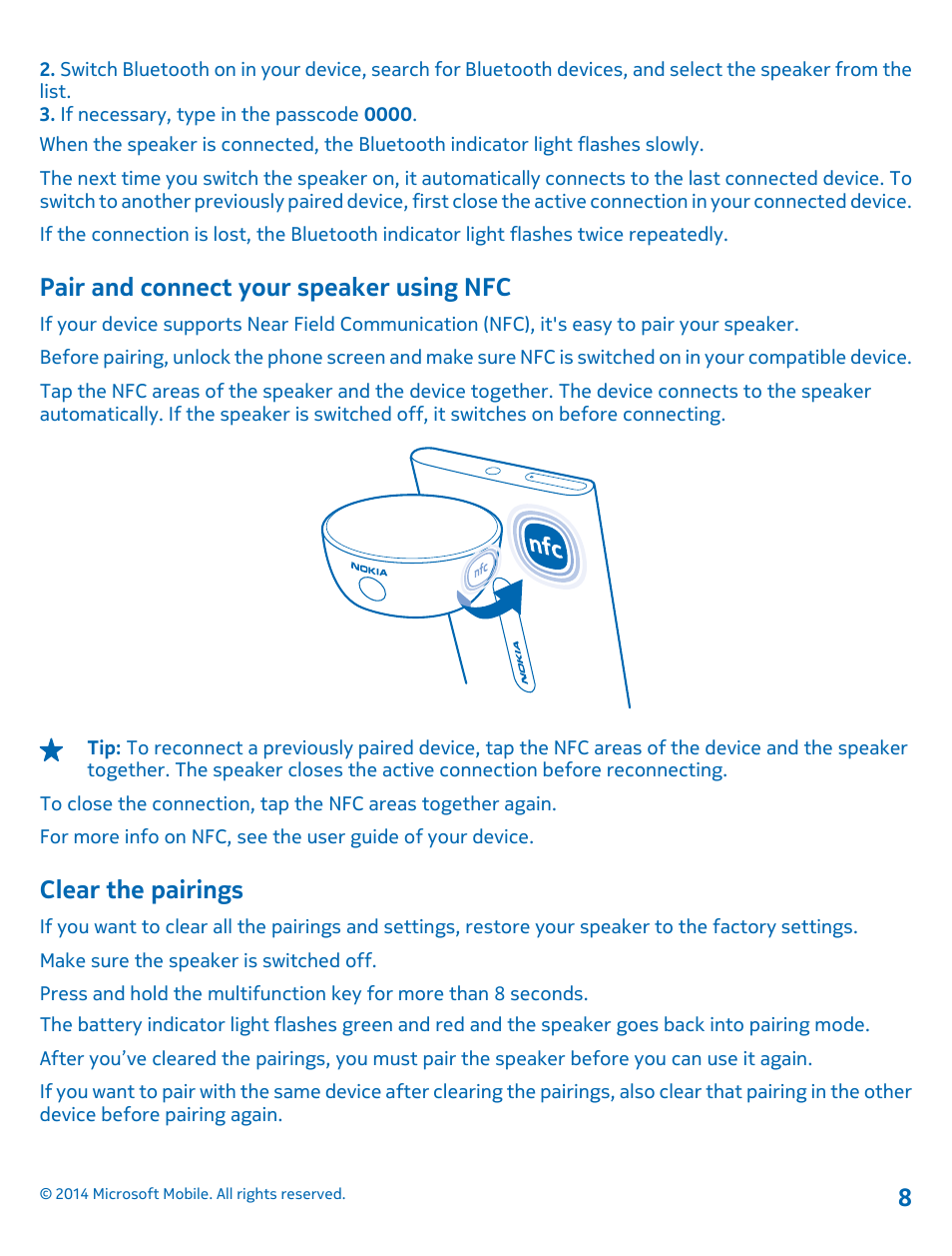 Pair and connect your speaker using nfc, Clear the pairings | Nokia MD-12 User Manual | Page 8 / 13