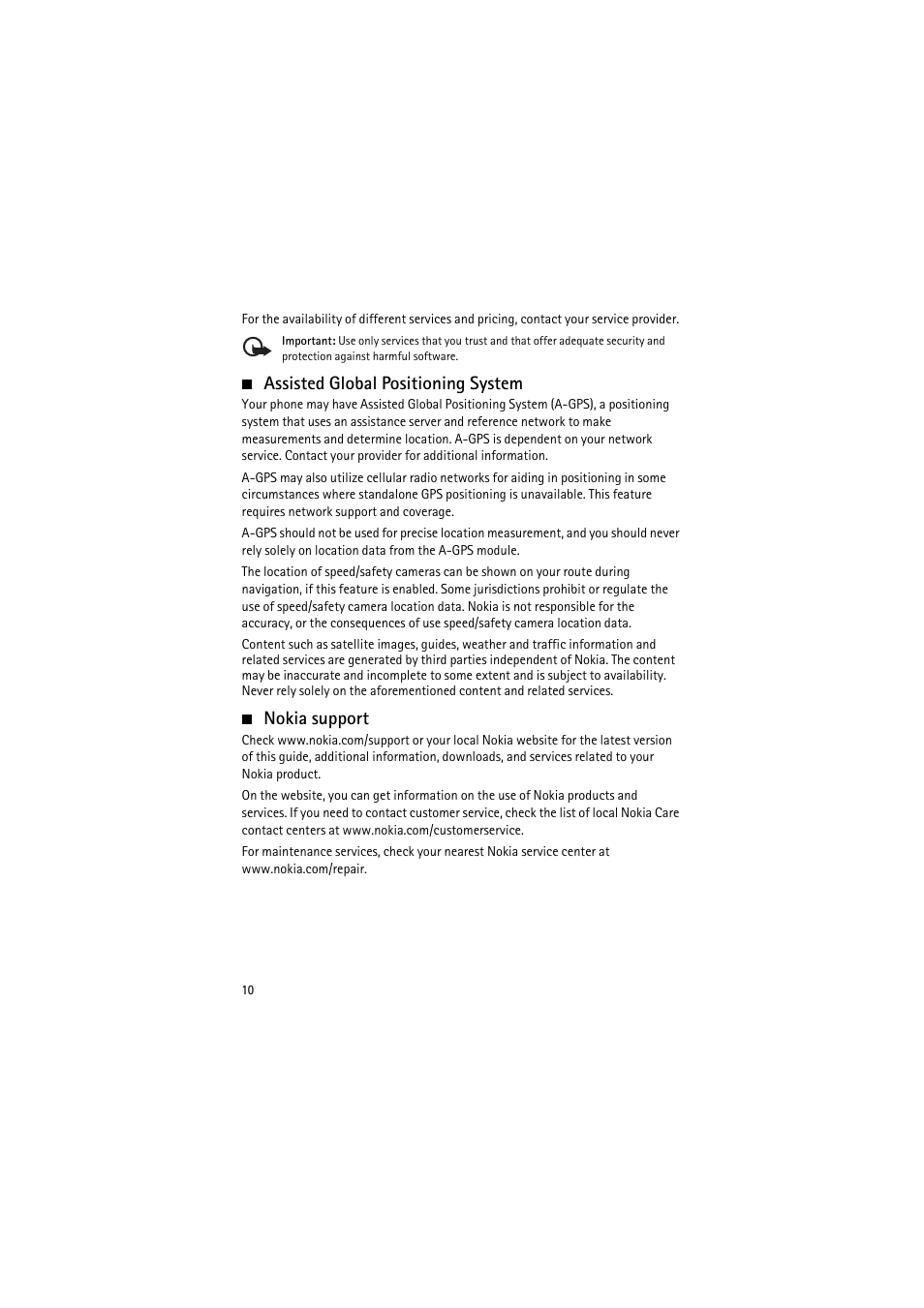 Assisted global positioning system, Nokia support, Assisted global positioning system nokia support | Nokia 6350 User Manual | Page 10 / 64