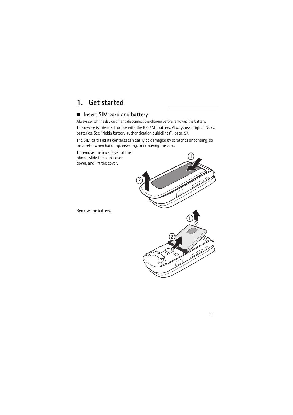 Get started, Insert sim card and battery | Nokia 6350 User Manual | Page 11 / 64