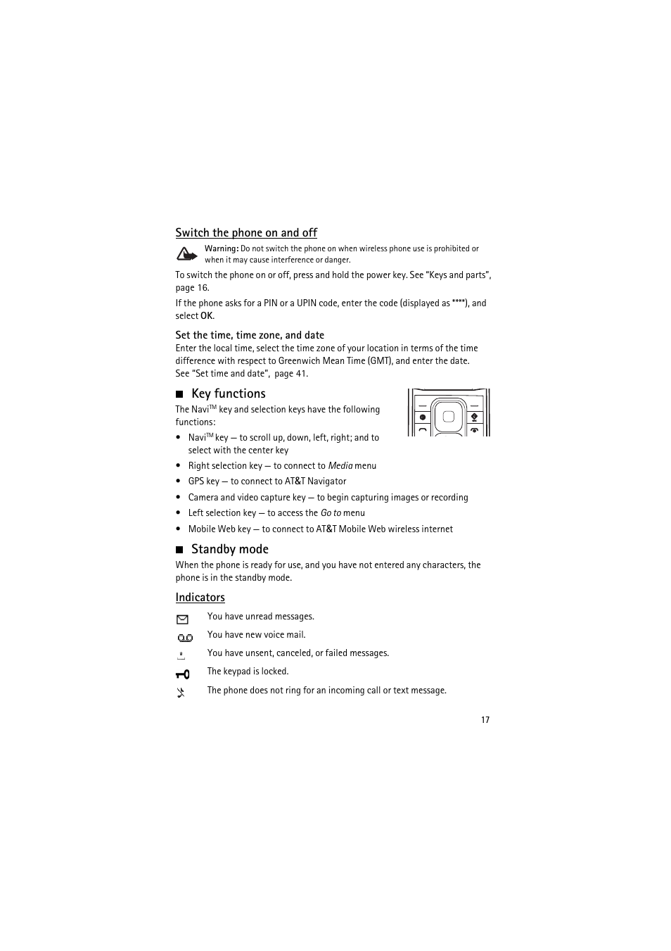 Switch the phone on and off, Key functions, Standby mode | Indicators, Key functions standby mode | Nokia 6350 User Manual | Page 17 / 64