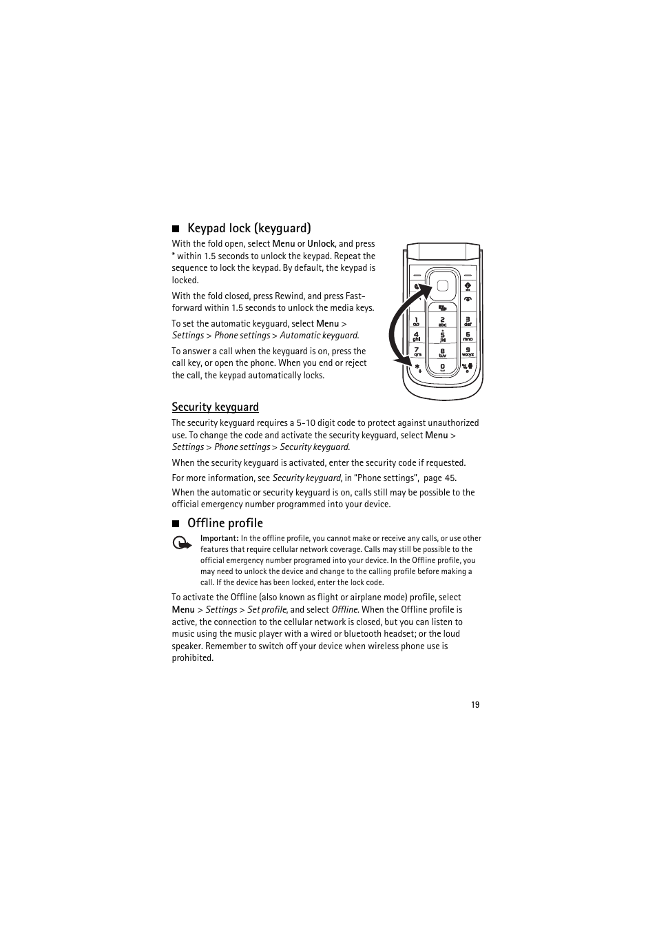 Keypad lock (keyguard), Security keyguard, Offline profile | Keypad lock (keyguard) offline profile | Nokia 6350 User Manual | Page 19 / 64