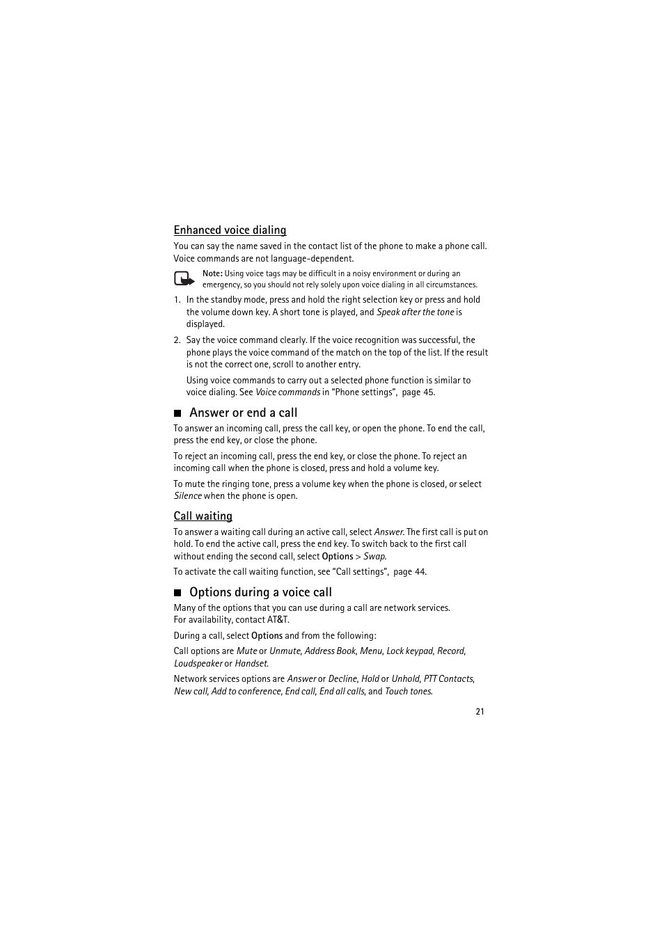 Enhanced voice dialing, Answer or end a call, Call waiting | Options during a voice call, Answer or end a call options during a voice call | Nokia 6350 User Manual | Page 21 / 64