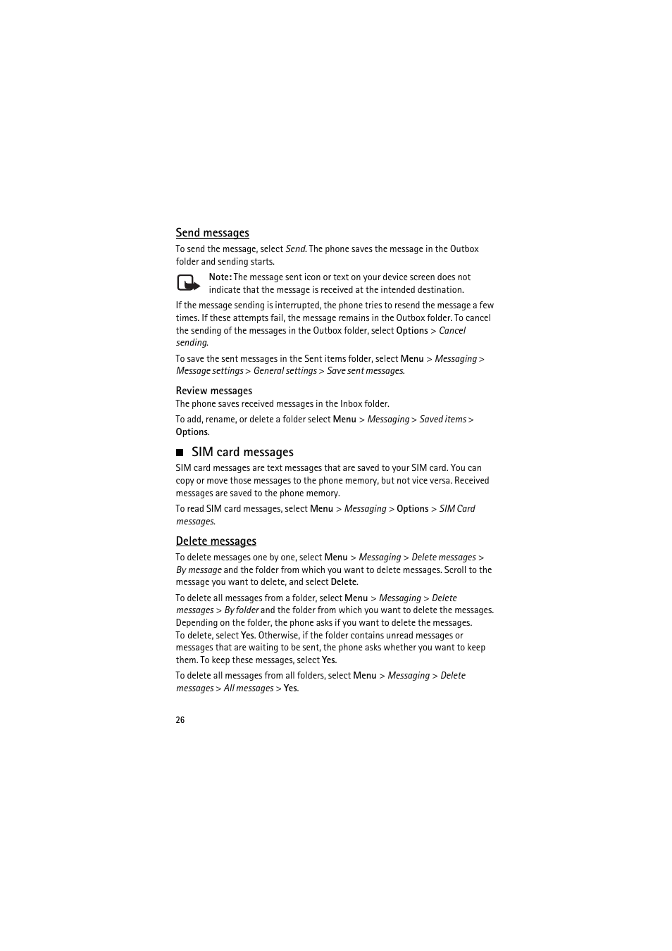 Send messages, Sim card messages, Delete messages | Nokia 6350 User Manual | Page 26 / 64