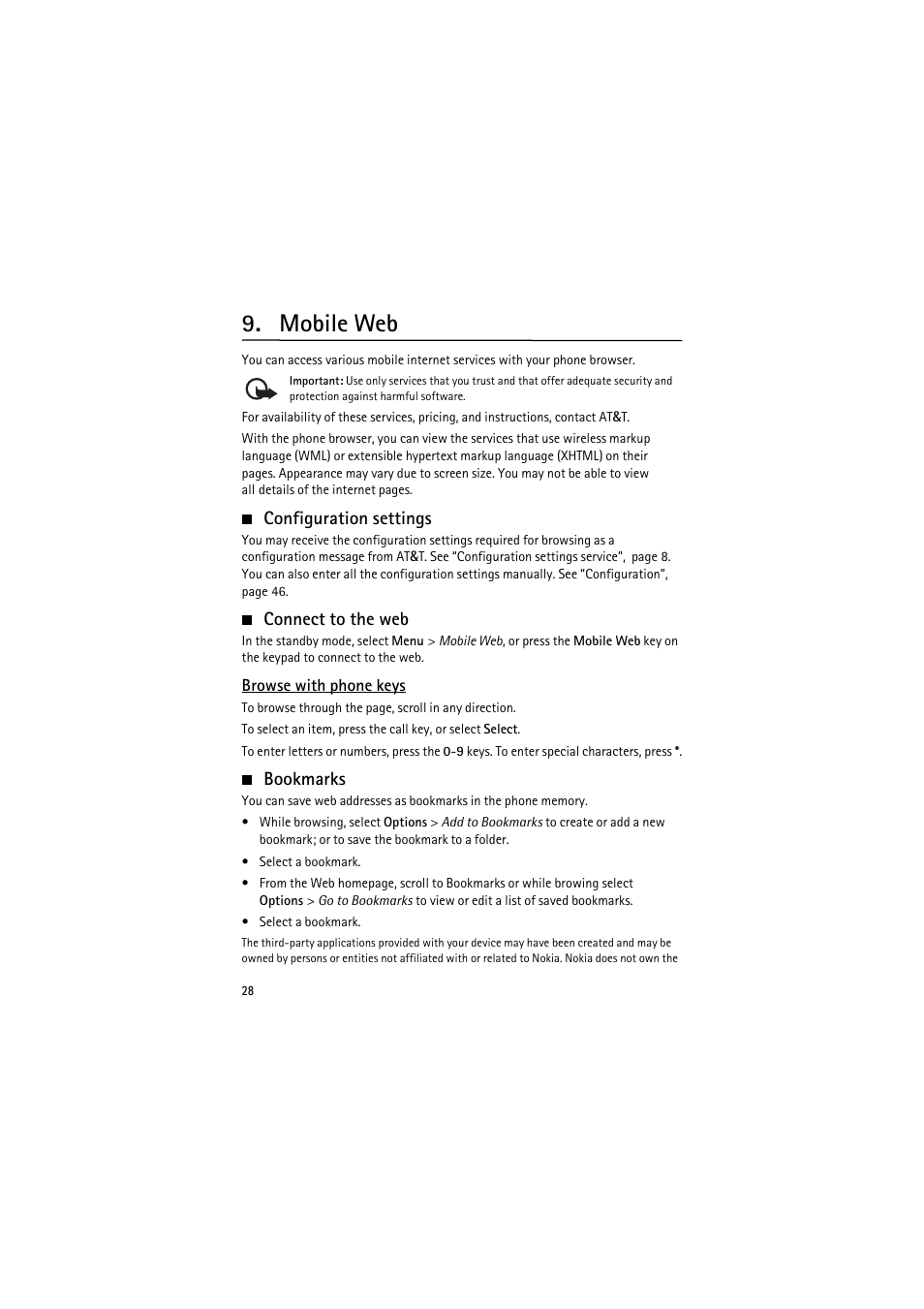 Mobile web, Configuration settings, Connect to the web | Browse with phone keys, Bookmarks | Nokia 6350 User Manual | Page 28 / 64