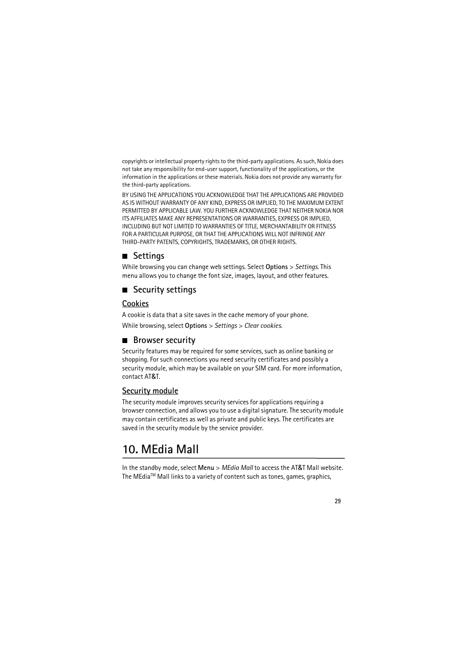 Settings, Security settings, Cookies | Browser security, Security module, Media mall, Settings security settings browser security | Nokia 6350 User Manual | Page 29 / 64