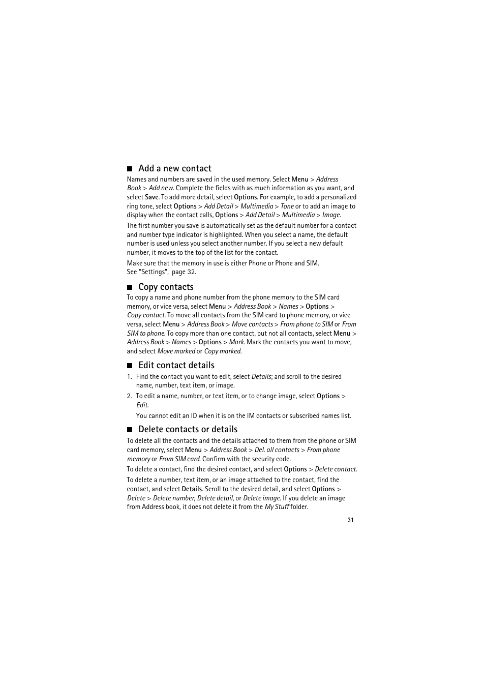 Add a new contact, Copy contacts, Edit contact details | Delete contacts or details | Nokia 6350 User Manual | Page 31 / 64