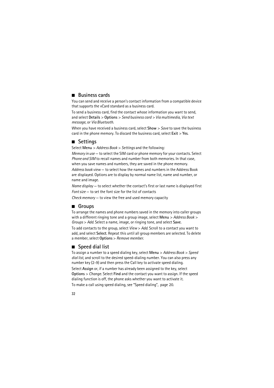 Business cards, Settings, Groups | Speed dial list, Business cards settings groups speed dial list | Nokia 6350 User Manual | Page 32 / 64