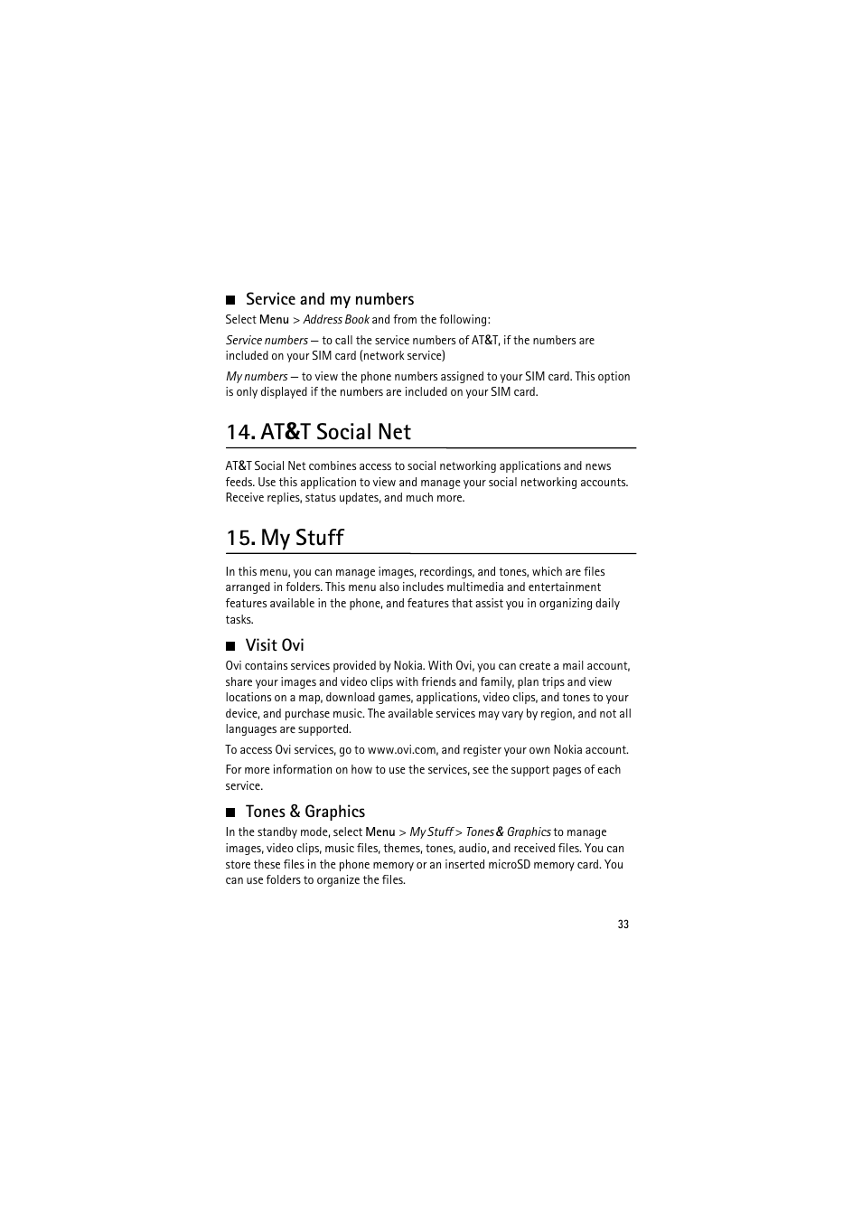 Service and my numbers, At&t social net, My stuff | Visit ovi, Tones & graphics, Visit ovi tones & graphics | Nokia 6350 User Manual | Page 33 / 64