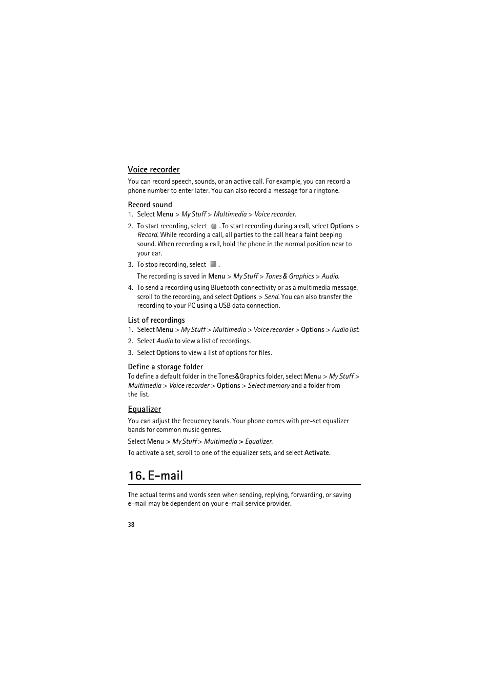 Voice recorder, Equalizer, E-mail | Nokia 6350 User Manual | Page 38 / 64