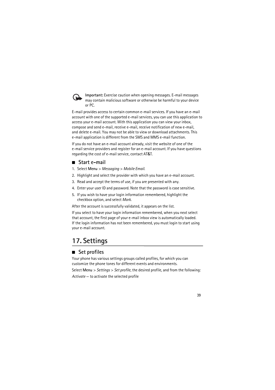 Start e-mail, Settings, Set profiles | Nokia 6350 User Manual | Page 39 / 64