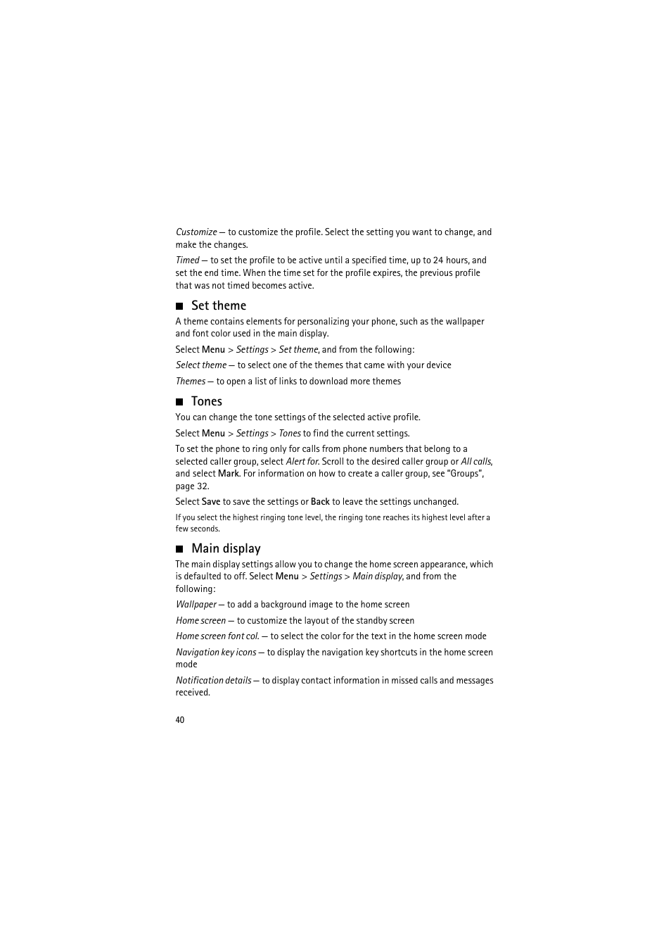 Set theme, Tones, Main display | Set theme tones main display | Nokia 6350 User Manual | Page 40 / 64