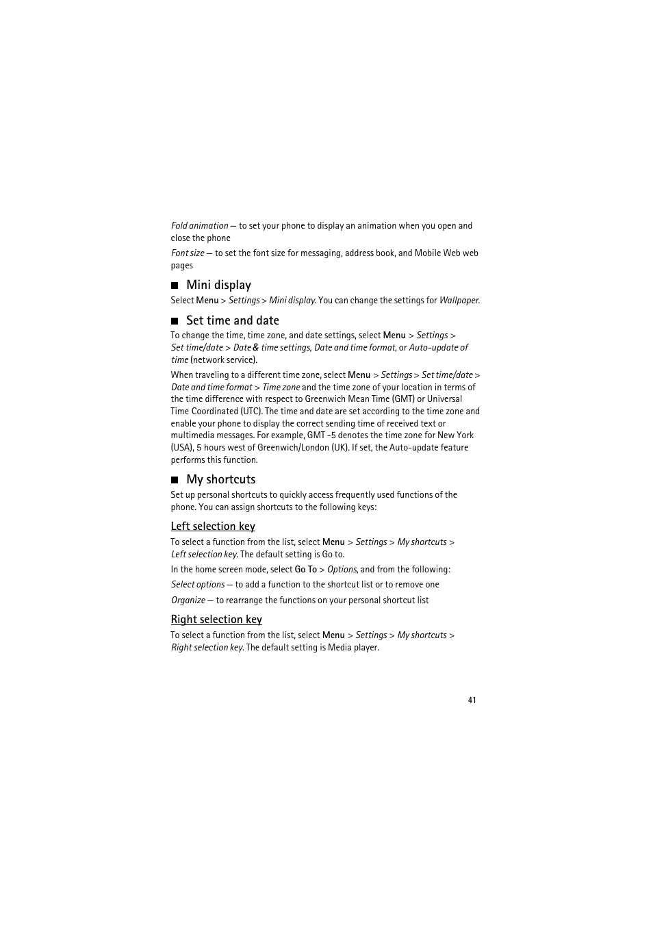 Mini display, Set time and date, My shortcuts | Left selection key, Right selection key, Mini display set time and date my shortcuts | Nokia 6350 User Manual | Page 41 / 64